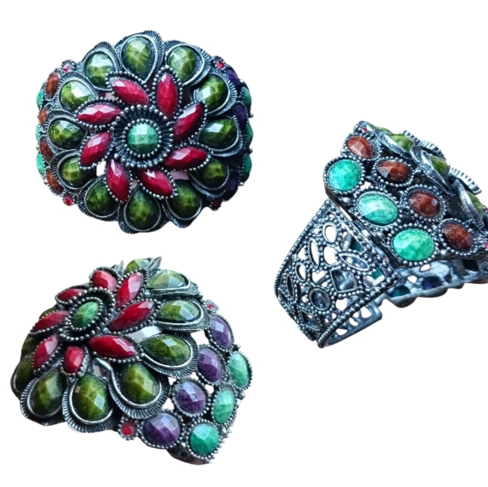 Boho Chic Flower Hinge Cuff Statement Bracelet Chunky - Picture 2 of 11